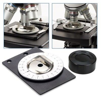 Polarisatieset. De analysator wordt geplaatst op het oculair en een smalle 360� draaibare opzettafel met ingebouwde polarisator