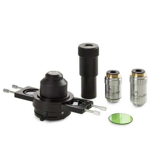 Fasecontrast Abbe-condenser met slede voor Plan PLPHi 20/S100 fasecontrast oneindig gecorrigeerde objectieven, slede met 20 en 100x faseringen, telesoop en groenfilter