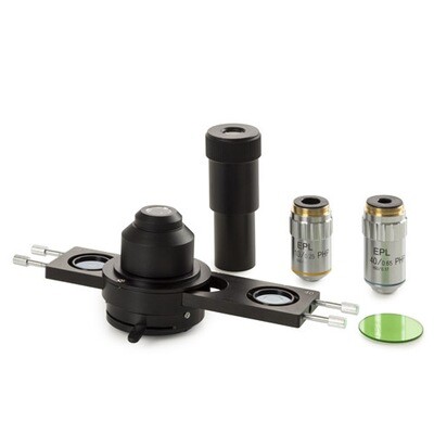 Fasecontrast Abbe-condenser met slede voor E-Plan EPLPH 10/S40 fasecontrast objectieven, slede met 10 en 40x faseringen, telesoop en groenfilter