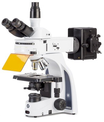iScope IS.3153‑PLi/6 fluorescentie Trioculair met Plan PLi 4x/10x/S40x en
S100x objectieven en 100 W HBO-lichtbron (6-positie roterende schijf)