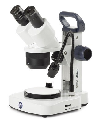 EduBlue ED.1402‑EVO Stereomicroscoop Bioculair met 2x/4x objectieven en Beweegbare objecttafel/
flexibele lichtarm