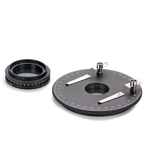 Polarisatieset voor NexiusZoom: 360� draaibare ronde tafel met ingebouwd polarisatiefilter (NZ.9524) + analysator in vatting om onder kop geschroefd te worden (NZ.9525)