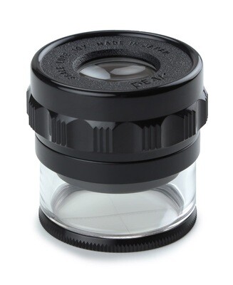 Meetloep 10x vergroting Ø 20 mm oculair. Beeldveld 35 mm. Meetschaal 15-0-15 mm. Verdeling 0,1, 0,5 en 1,0 mm