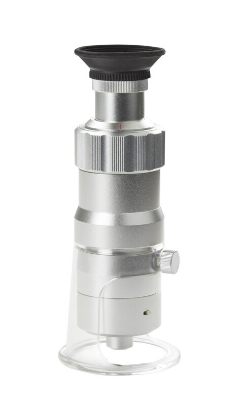 Meetmicroscoop (draagbaar). met 40x vergroting, LED verlichting. Verdeling 0.05 mm. Meetbereik 3 mm. Beeldveld 3.8 mm