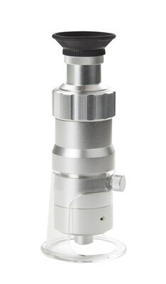 Meetmicroscoop (draagbaar). met 60x vergroting, LED verlichting. Verdeling 0.02 mm. Meetbereik 2 mm. Beeldveld 1.95 mm