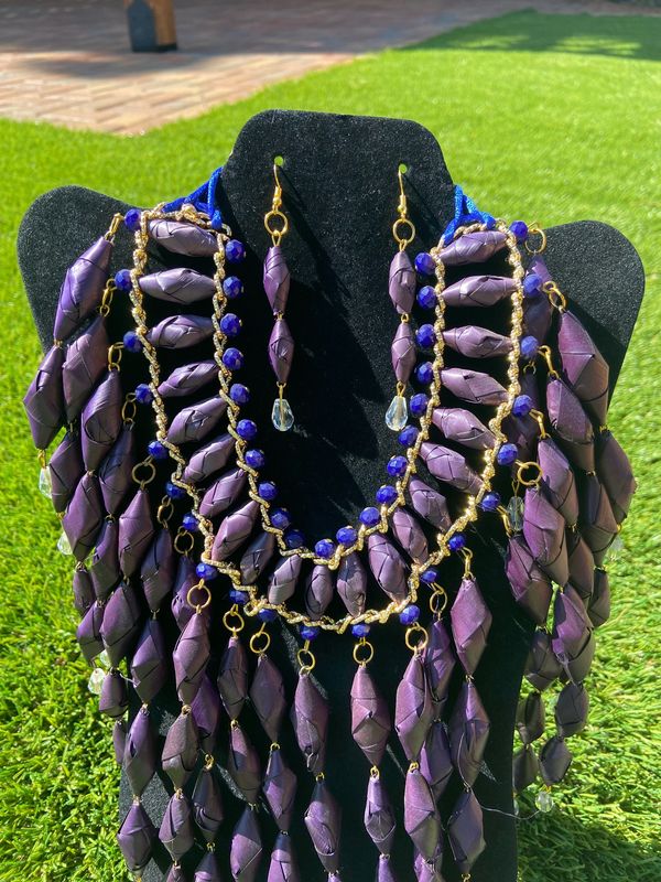 Purple Corn Husk Necklace With Earrings