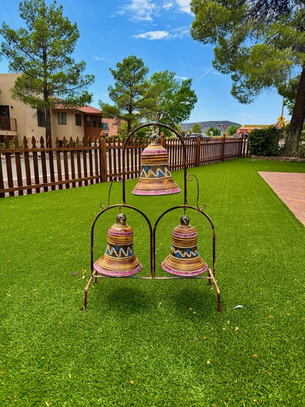 3 Large Bells On Metal Display - Barro Oxidado