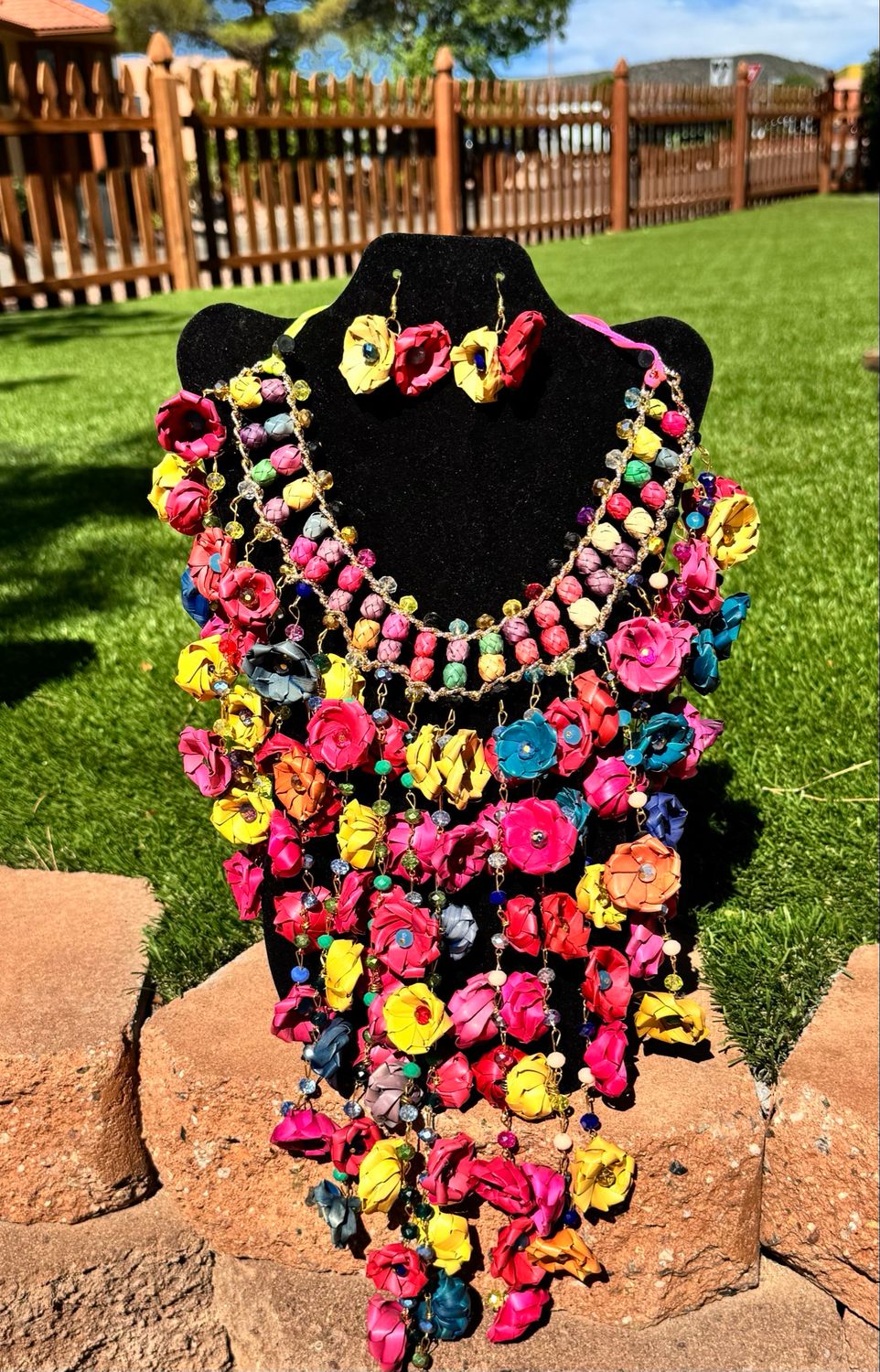 Large Colorful Floral Necklace W/Earnings