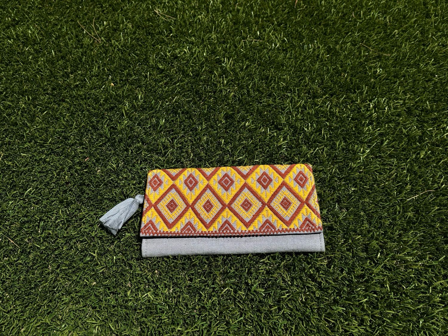 Grey Synthetic Embroidered Long Wallet