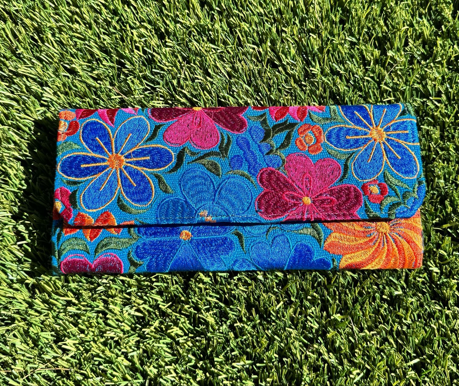 Blue Synthetic Embroidered Long Wallet