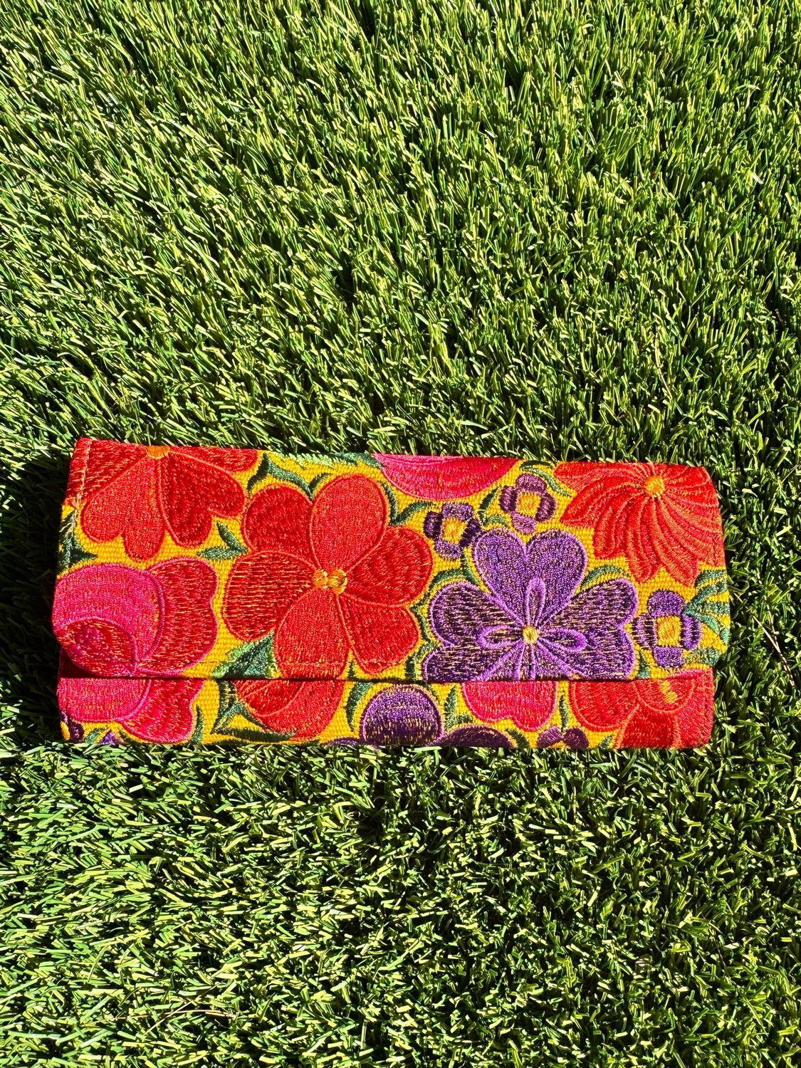 Yellow Synthetic Embroidered Long Wallet