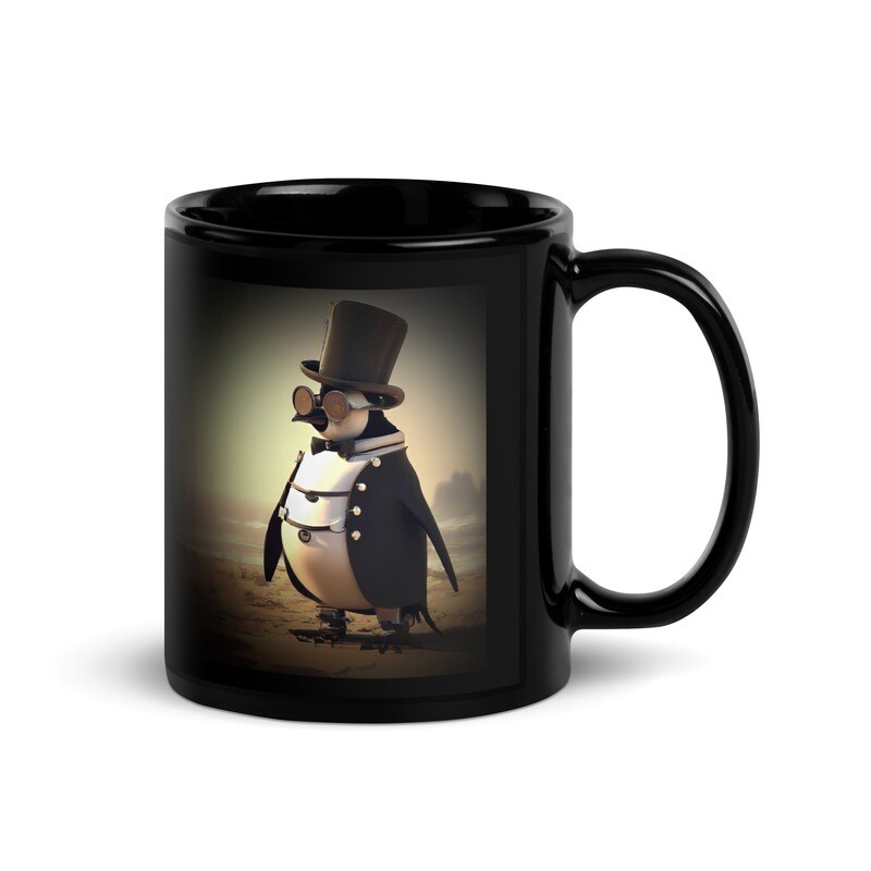 Steampunk Dapper Penguin Glossy Black Mug