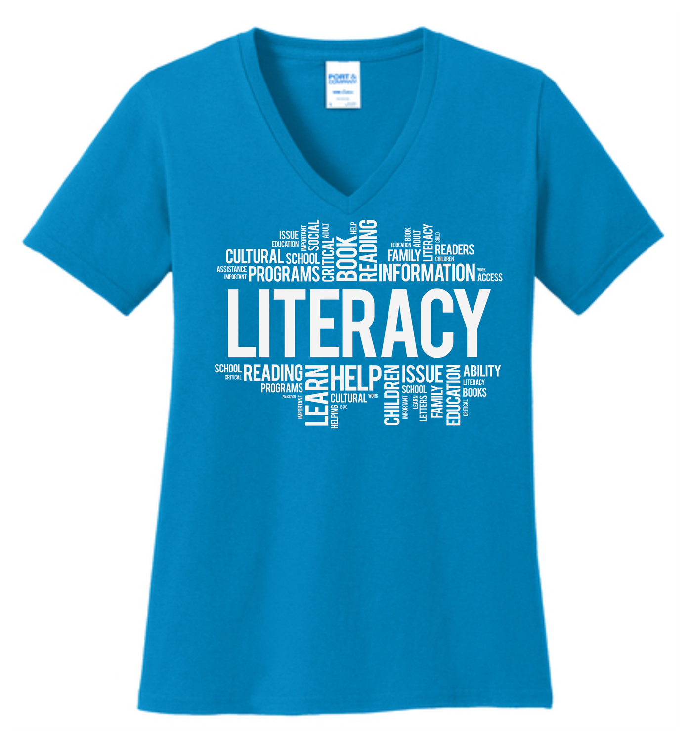 Literacy word art on Vneck Ladies Fitted Shirt