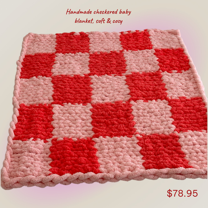 Luxury Plush Checkerboard Baby Blanket – Handmade Chenille Crochet Blanket, Lavender &amp; White Nursery Decor, Soft Newborn Gift, Heirloom Baby Shower Present