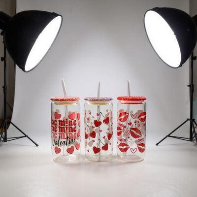 Valentine Bling Glass Can Tumbler Set (3) | Glass Straws + Rhinestone Lids | Be Mine • Cherries • XOXO