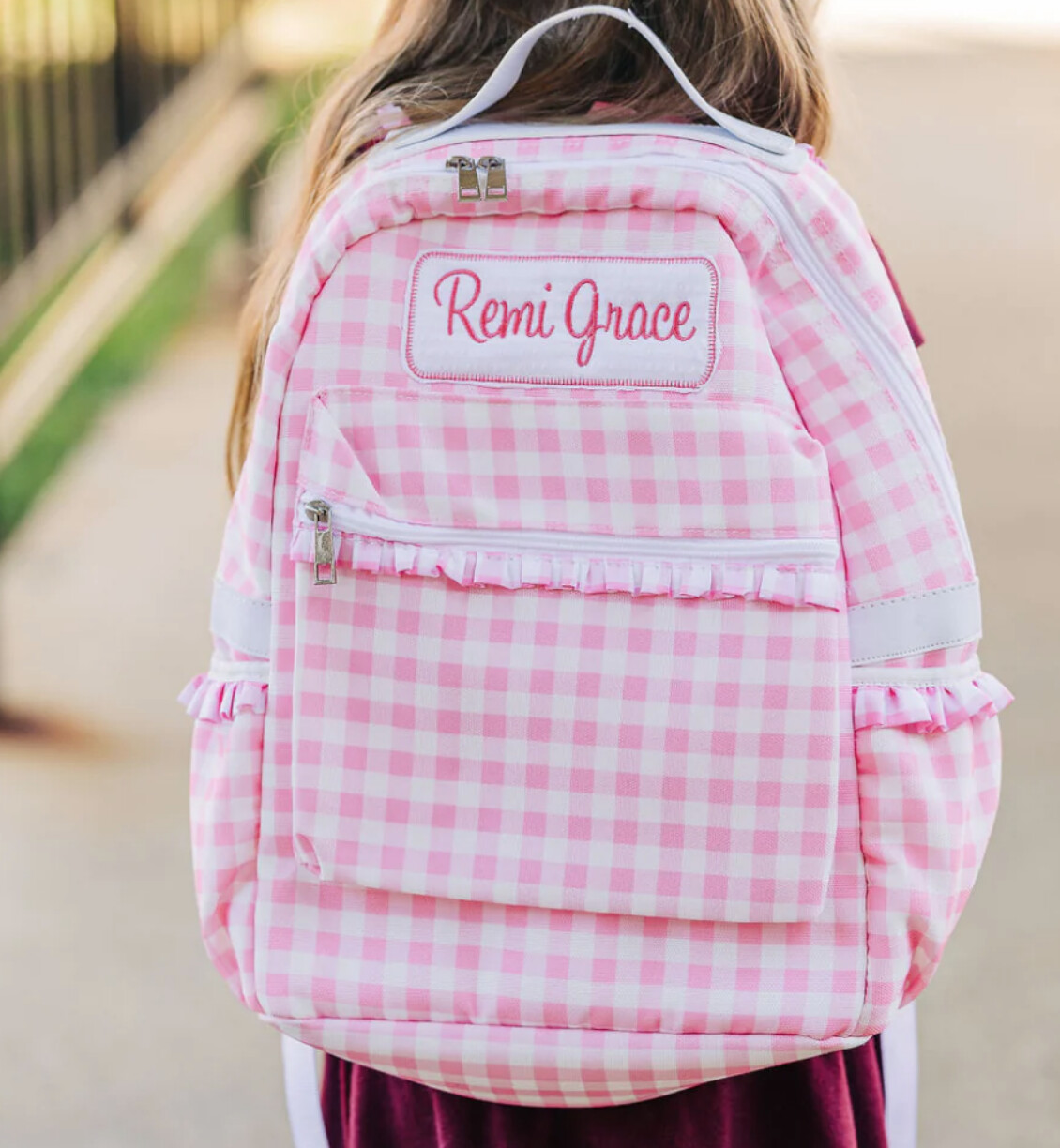 Gingham Backpack, color: Pink w/Ruffle