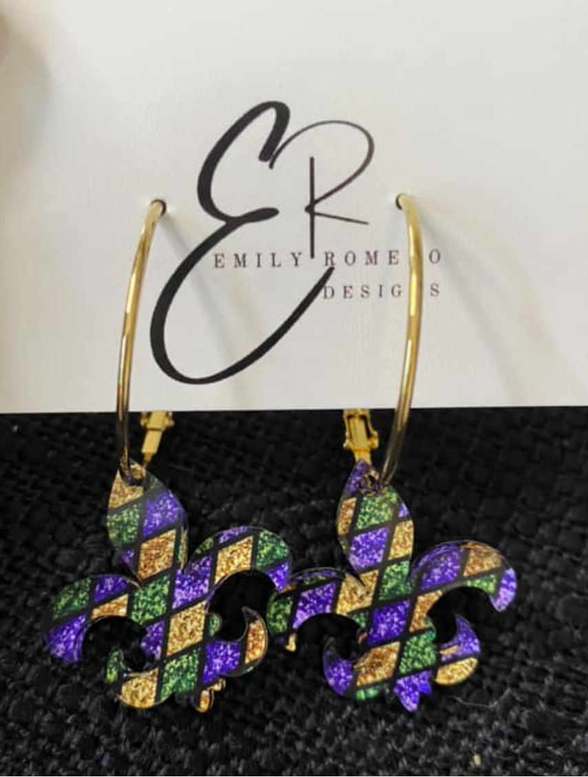 Acrylic Fleur de Lis Earrings, Style: Hoops