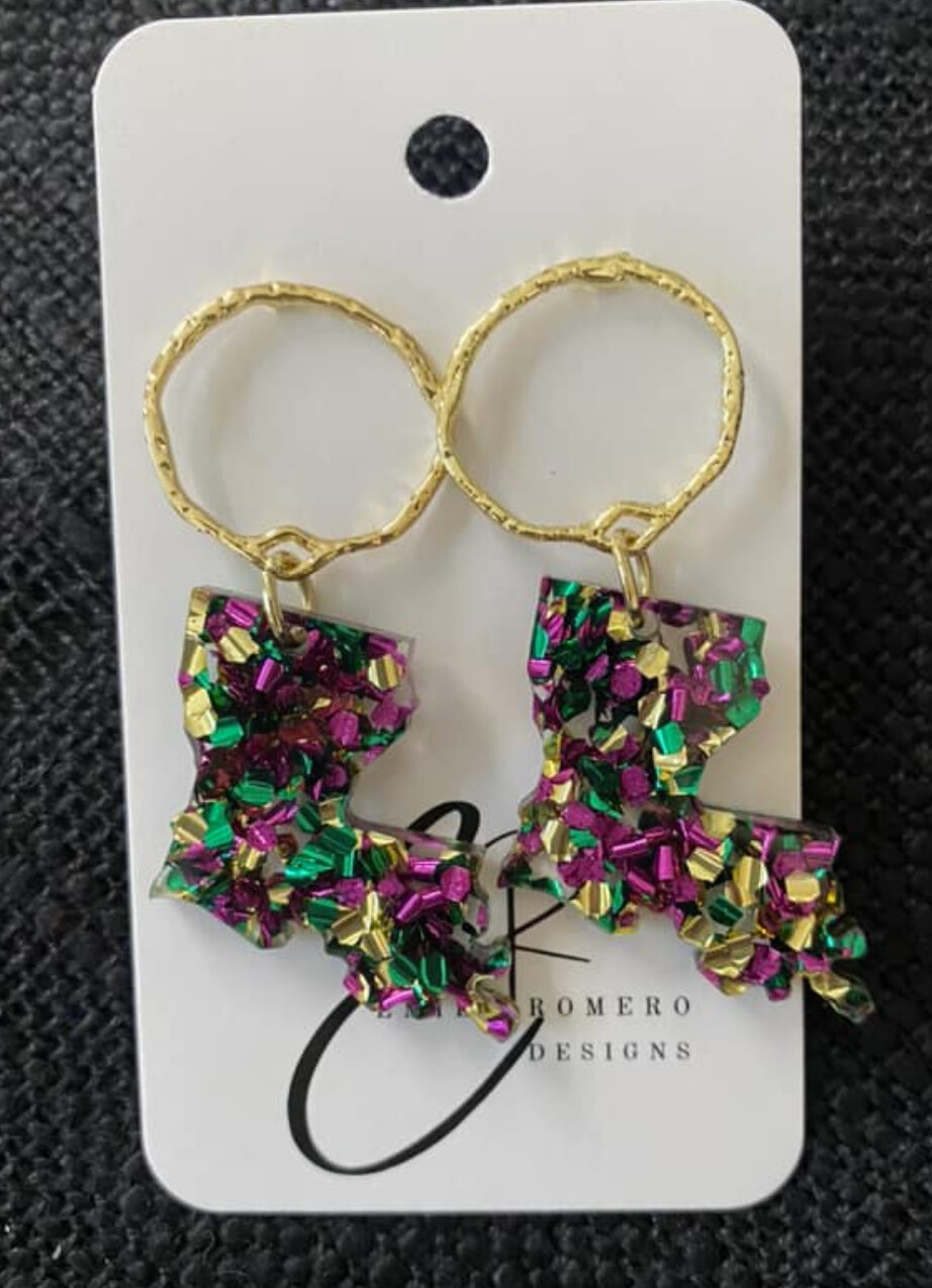Acrylic Mardi Gras Louisiana Earrings, Style: Open Circle/LA