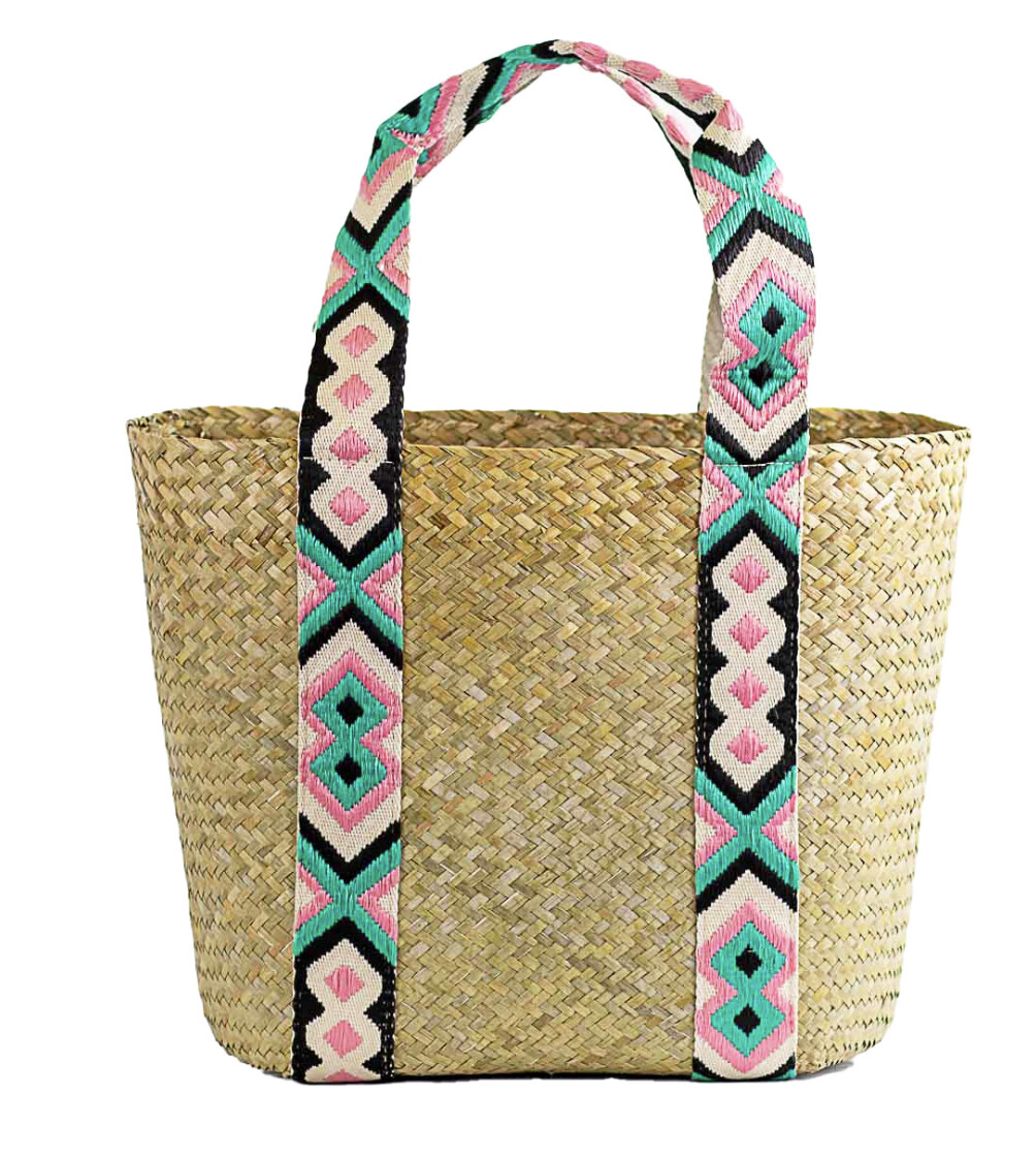 Pink &amp; Teal Exuma Straw Tote