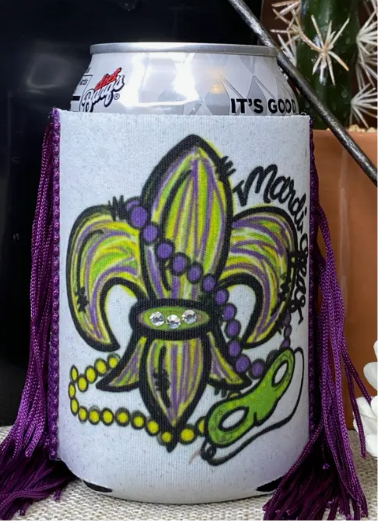 Mardi Gras Fleur de Lis Fringe Koozie