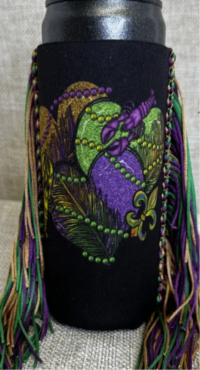 Mardi Gras Hearts Slim Fringe Koozie
