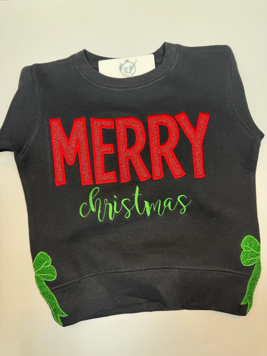 Merry Christmas Sweatshirt w/ Bows, Colour: Black, Monogram: Red/Green, Size: YS