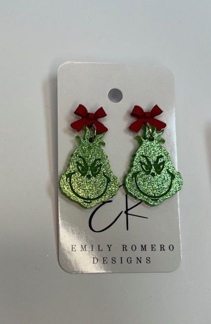 The Grinch Earrings, Style: Red Bow