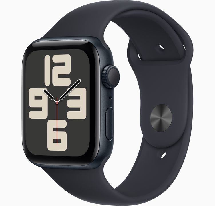 APPLE Watch SE (2022), GPS, 44 mm, Caja de aluminio, Vidrio delantero Ion-X, Correa deportiva medianoche