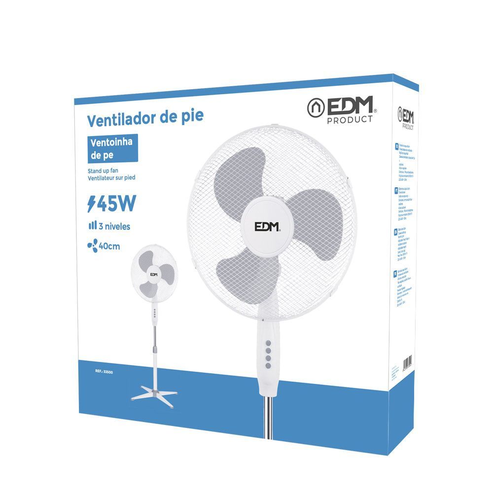 VENTILADOR DE PIE. COLOR BLANCO. POTENCIA: 45W ASPAS: Ø40cm ALTURA REGULABLE 105-125cm EDM