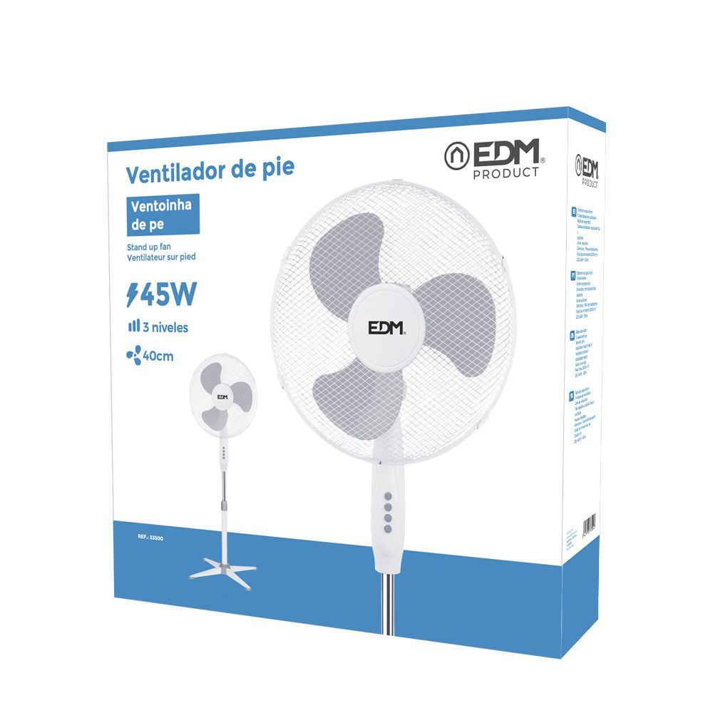 VENTILADOR DE PIE. COLOR BLANCO. POTENCIA: 45W ASPAS: Ø40cm ALTURA REGULABLE 105-125cm EDM