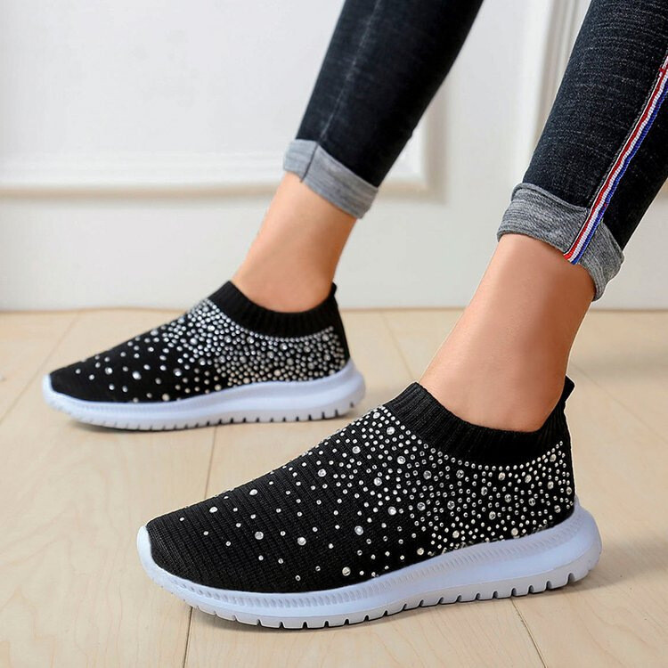 Autumn New Rhinestone Flying Woven Mesh Thick Bottom Casual Shoes Foreign Trade Students Korean Version Large Size Sports Shoes Women&#39;s Fashion