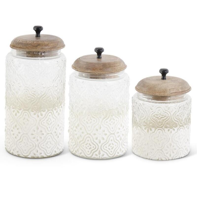 9.75 Inch Embossed Glass Container w/Frosted Bottom and Wooden Lid - MEDIUM