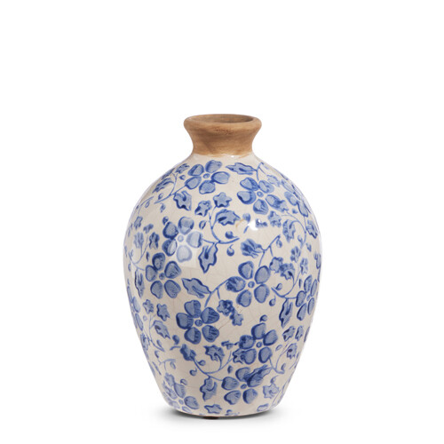 7.5&quot; BLUE AND WHITE FLORAL VINTAGE VASE