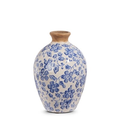 7.5&quot; BLUE AND WHITE FLORAL VINTAGE VASE