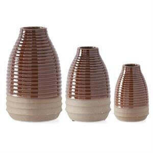 12.5 Inch Glazed Brown Ribbed Vase w/Tan Unglazed Bottom