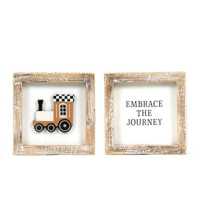 5x5x1.5 reversible wood frame sign (TRAIN/JOURNEY) multicolor Checking It Twice Collection
