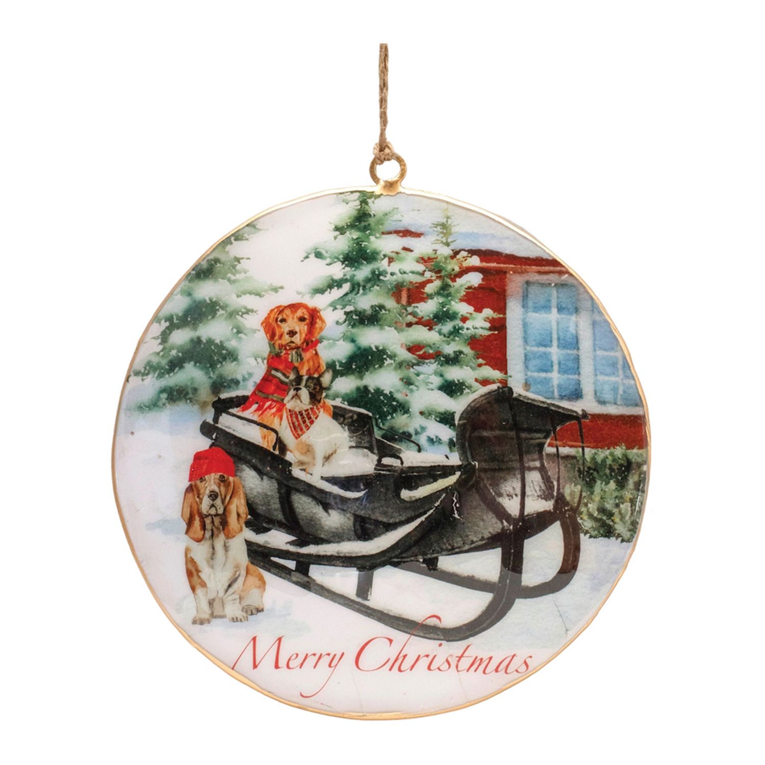 Dog and Sleigh Disc Ornament 6&quot;H  Iron