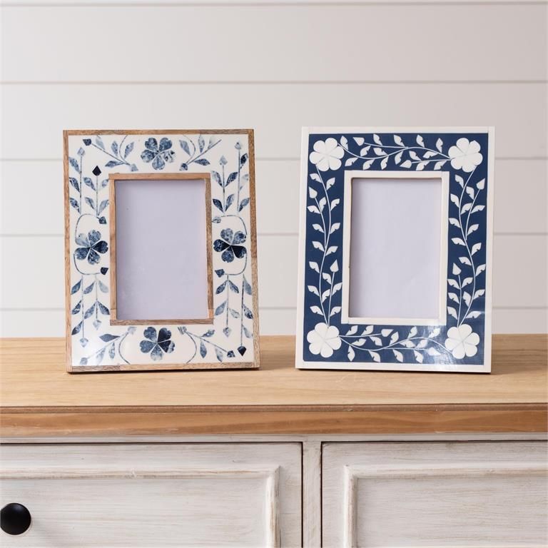 Photo Frames - Blue Floral Inlay  White Border 5X7