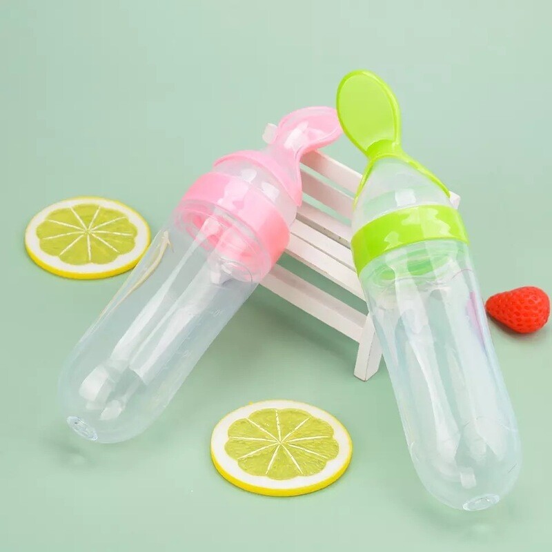 Baby Squeeze Silicone Feeding Bottle with Spoon