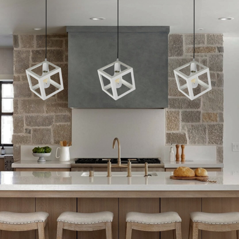 1-Light Industrial Metal Geometric Mini Pendant White