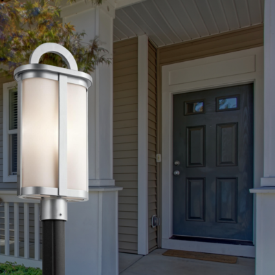 Rivera 1-Light Outdoor Post Mount Platinum with Satin Etched Cased Opal Glass