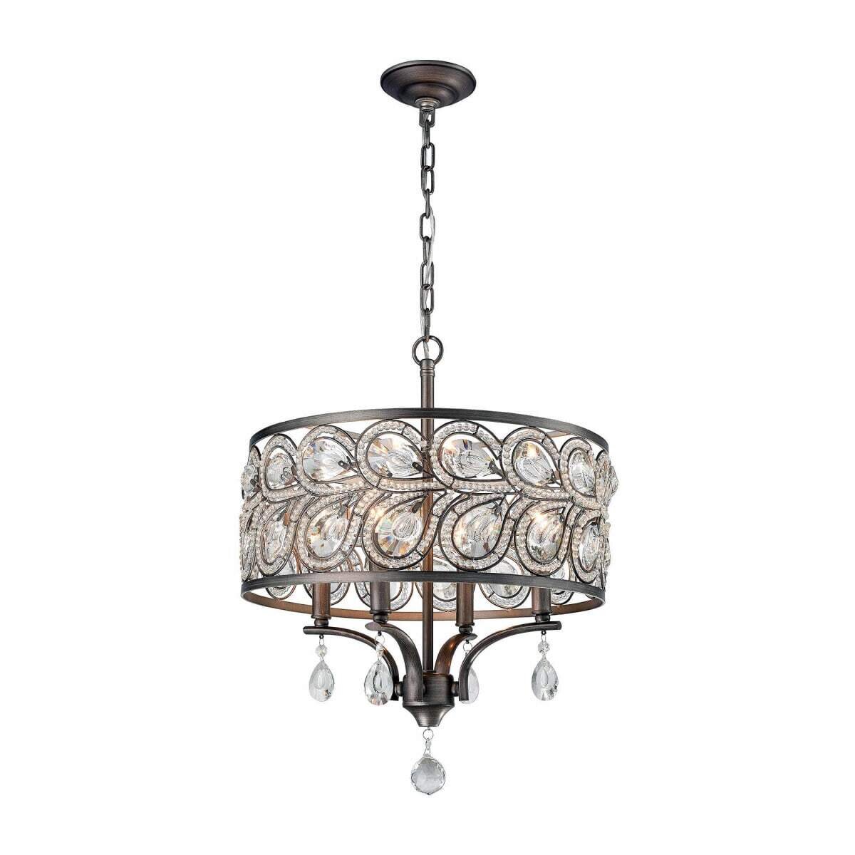 Luxurious Evolve 4-Light Drum Pendant Weathered Zinc, Adorned with Crystals