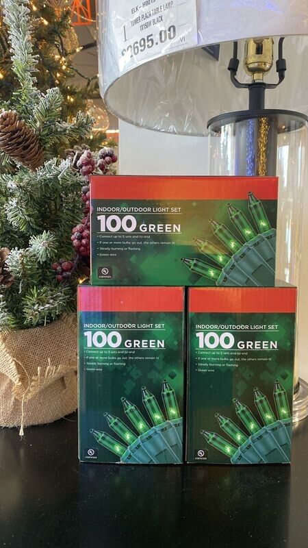 100 Christmas mini light indoor/ outdoor string lights GREEN, Green Wire, 23 ft - Bulk Buy 3 boxes.