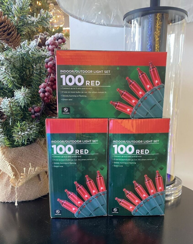 100 Christmas mini light indoor/outdoor string lights RED, Green Wire, 23 ft - Bulk Buy 3 boxes