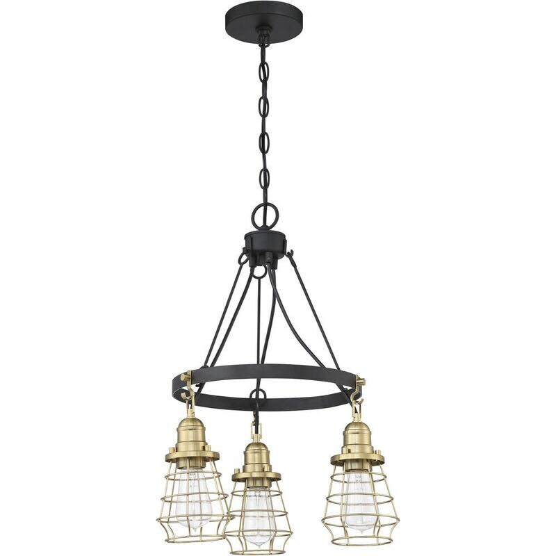 3-Light Vintage Industrial Chandelier 18" Wide Flat Black with Satin Brass