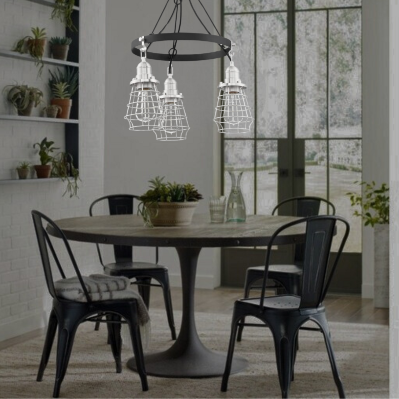 3-Light Vintage Industrial Chandelier Flat Black with Polished Nickel