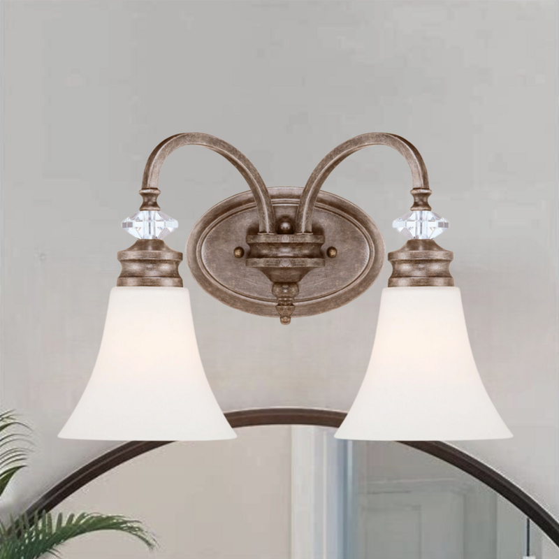 Boulevard 2-Light Vanity Mocha Bronze Silver Wash with Creamy Etched Glass