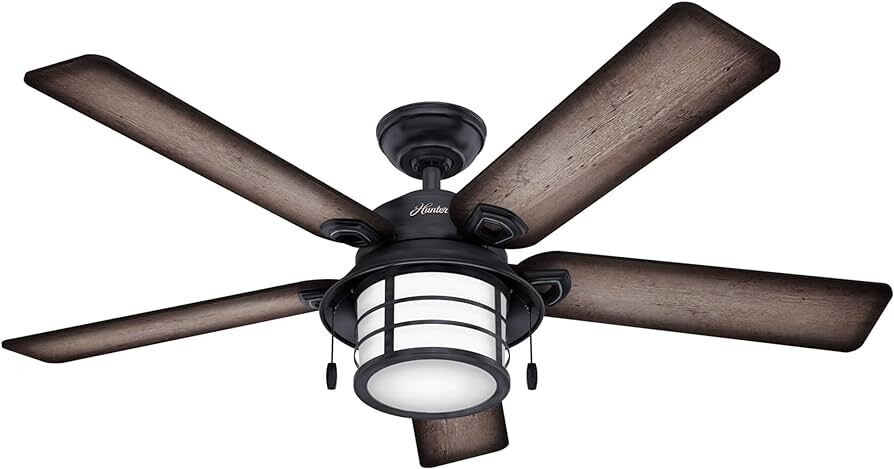 Hunter Key Biscayne 54" Weathered Zinc Ceiling Fan with Five Burnished Gray/ Gray Pine Reversible Blades. Indoor/Outdoor