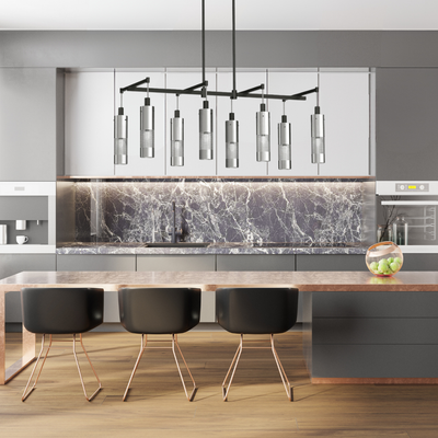 Grid 8-Light Linear Contemporary Chandelier Coal and Brushed Nickel Kitchen Island Light 36"