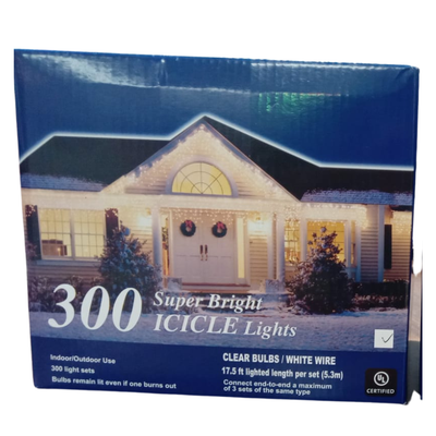 300 Light Christmas Icicle Set Clear Wht Wire